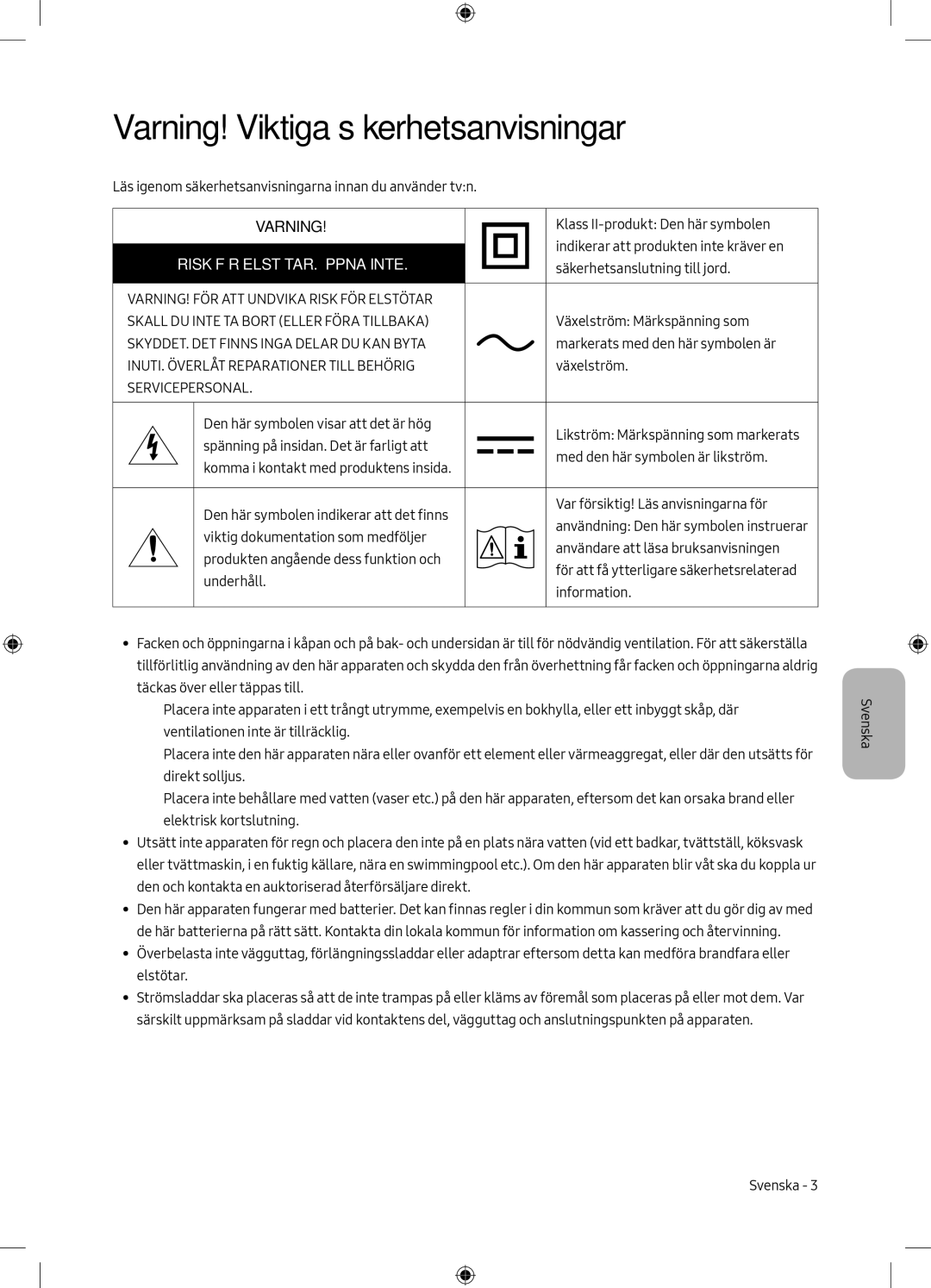 Samsung UE49M6305AKXXC, UE55M6305AKXXC manual Varning! Viktiga säkerhetsanvisningar, Risk FÖR ELSTÖTAR. Öppna Inte 