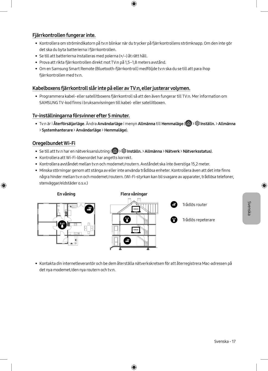 Samsung UE49M6305AKXXC Fjärrkontrollen fungerar inte, Tv-inställningarna försvinner efter 5 minuter, Oregelbundet Wi-Fi 