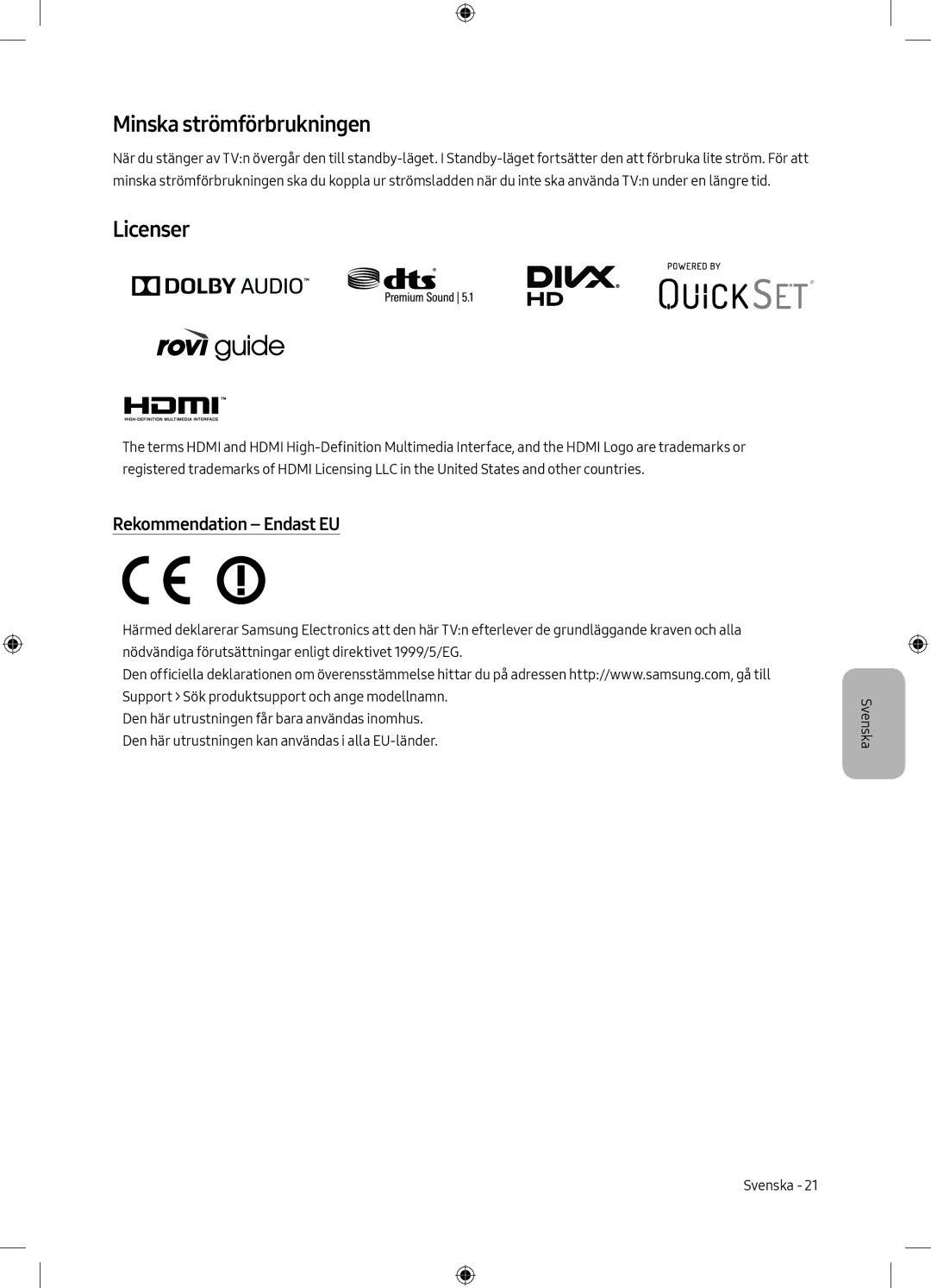 Samsung UE49M6305AKXXC, UE55M6305AKXXC manual Minska strömförbrukningen, Licenser, Rekommendation Endast EU 