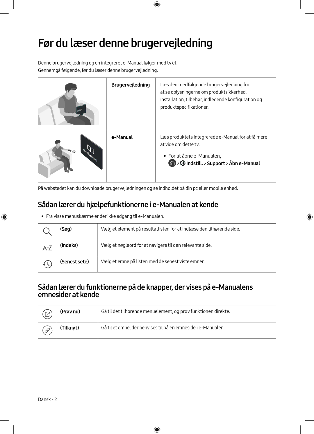 Samsung UE55M6305AKXXC manual Før du læser denne brugervejledning, Sådan lærer du hjælpefunktionerne i e-Manualen at kende 