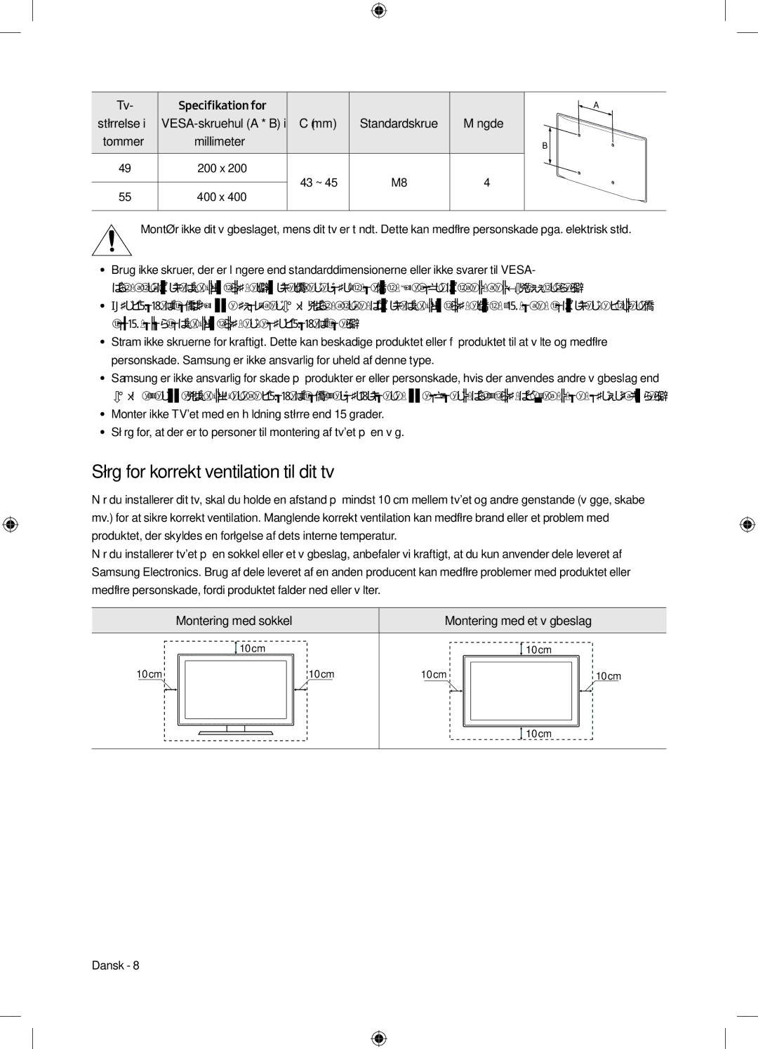 Samsung UE55M6305AKXXC, UE49M6305AKXXC manual Sørg for korrekt ventilation til dit tv, Specifikation for, Tommer Millimeter 