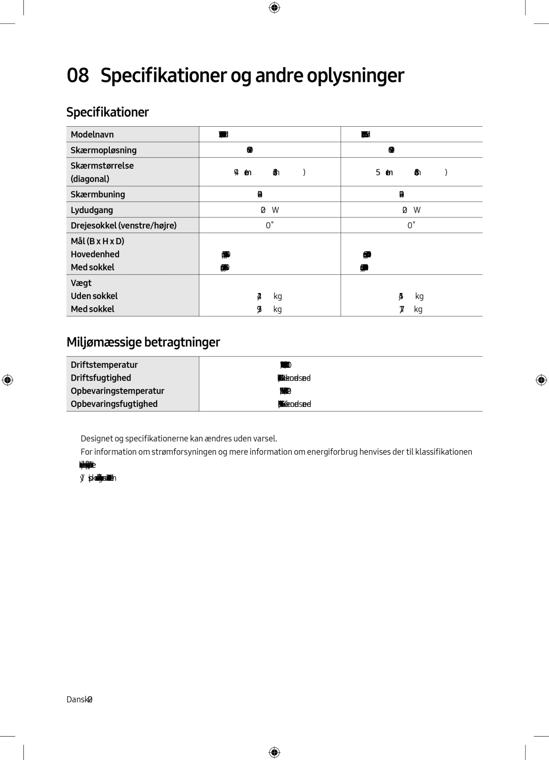 Samsung UE55M6305AKXXC, UE49M6305AKXXC manual Specifikationer og andre oplysninger, Miljømæssige betragtninger 