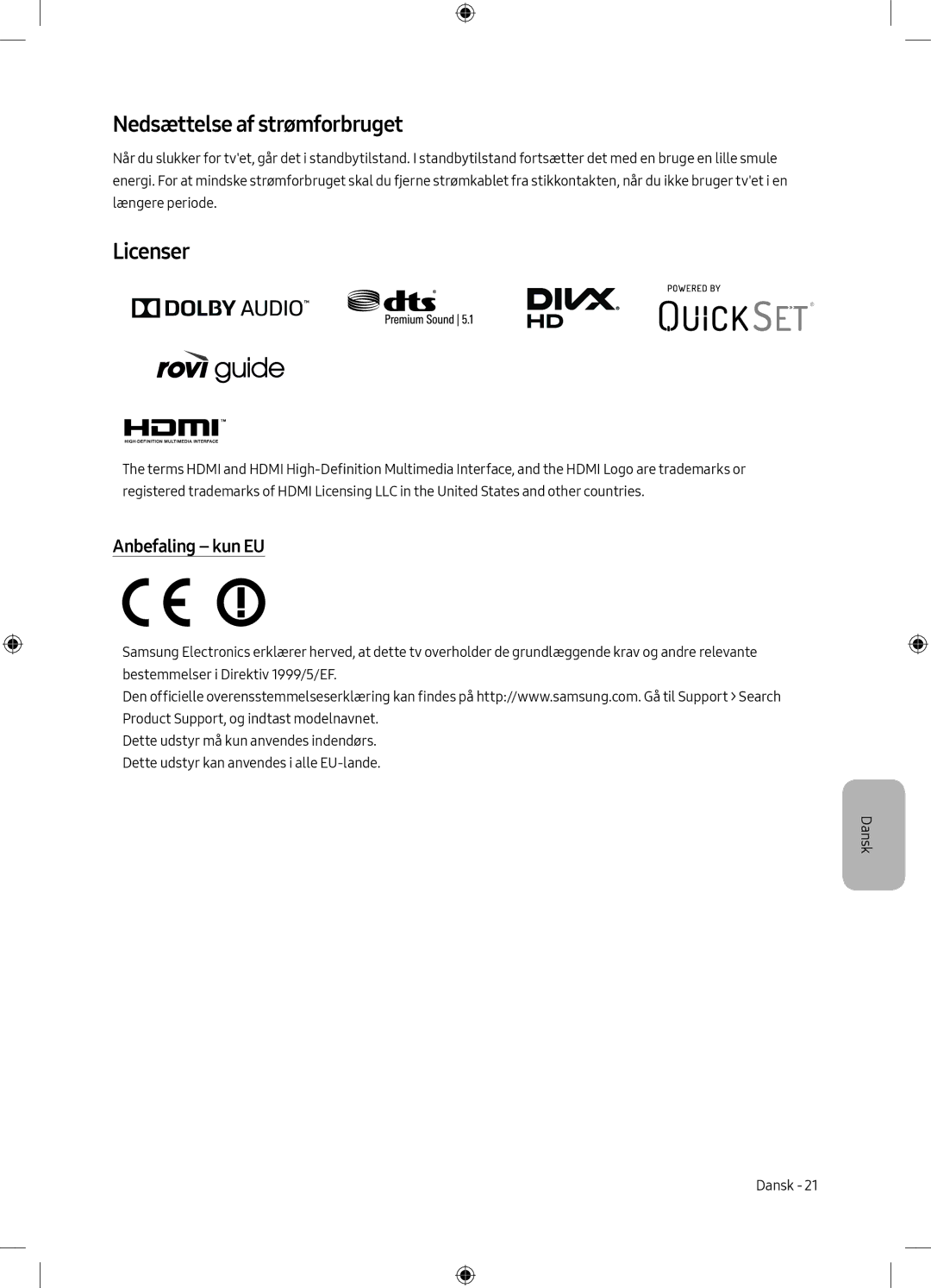 Samsung UE49M6305AKXXC, UE55M6305AKXXC manual Nedsættelse af strømforbruget, Anbefaling kun EU 