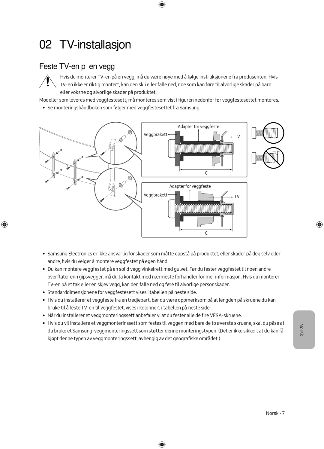 Samsung UE49M6305AKXXC, UE55M6305AKXXC manual TV-installasjon, Feste TV-en på en vegg 