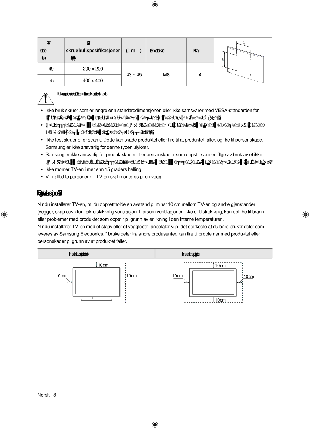 Samsung UE55M6305AKXXC, UE49M6305AKXXC manual Sikre egnet ventilasjon rundt TV-en, Antall 