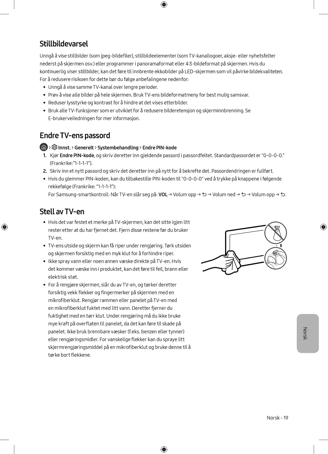 Samsung UE49M6305AKXXC, UE55M6305AKXXC manual Stillbildevarsel, Endre TV-ens passord, Stell av TV-en 