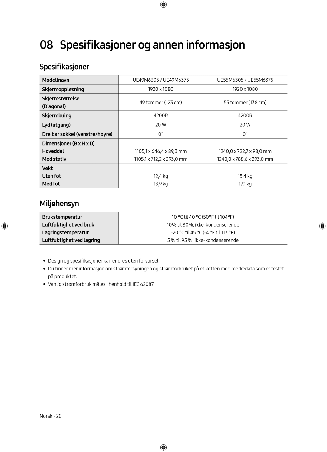 Samsung UE55M6305AKXXC, UE49M6305AKXXC manual Spesifikasjoner og annen informasjon, Miljøhensyn 