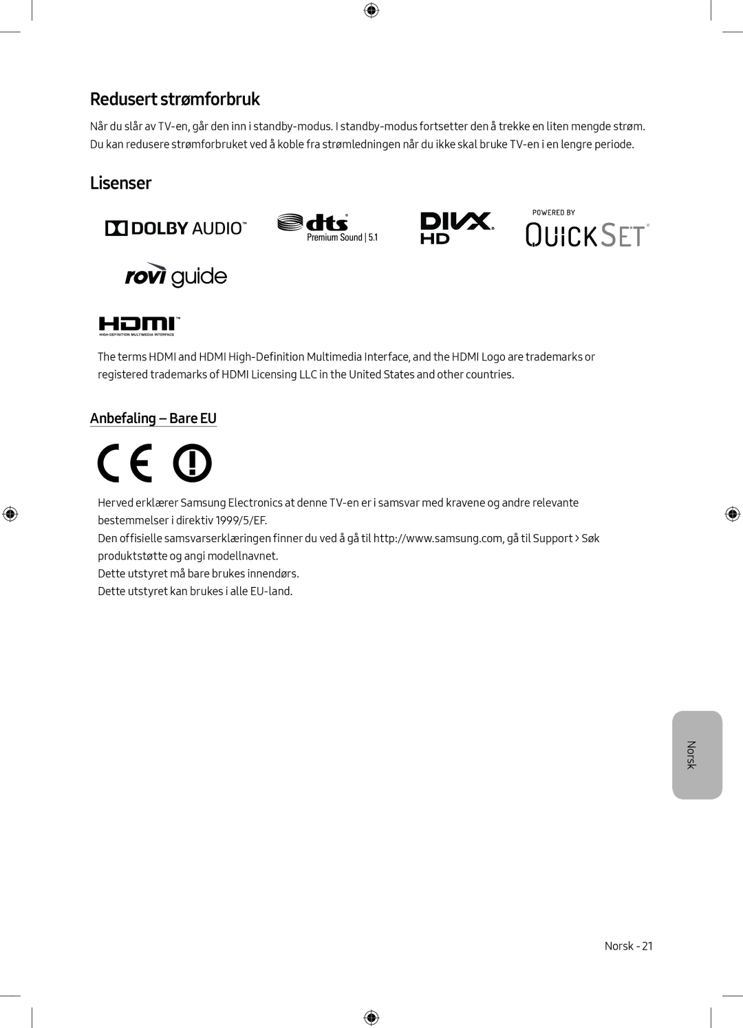 Samsung UE49M6305AKXXC, UE55M6305AKXXC manual Redusert strømforbruk, Lisenser, Anbefaling Bare EU 