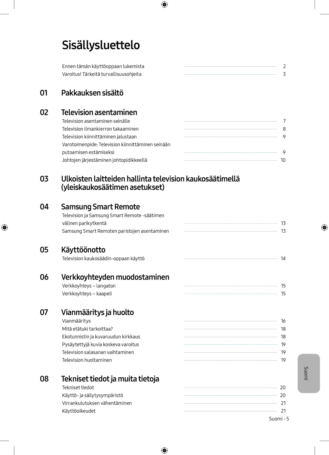 Samsung UE49M6305AKXXC, UE55M6305AKXXC manual Sisällysluettelo, Pakkauksen sisältö Television asentaminen 