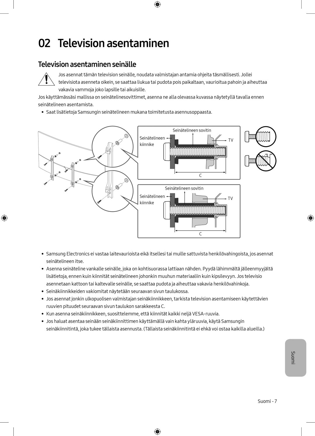 Samsung UE49M6305AKXXC, UE55M6305AKXXC manual Television asentaminen seinälle 