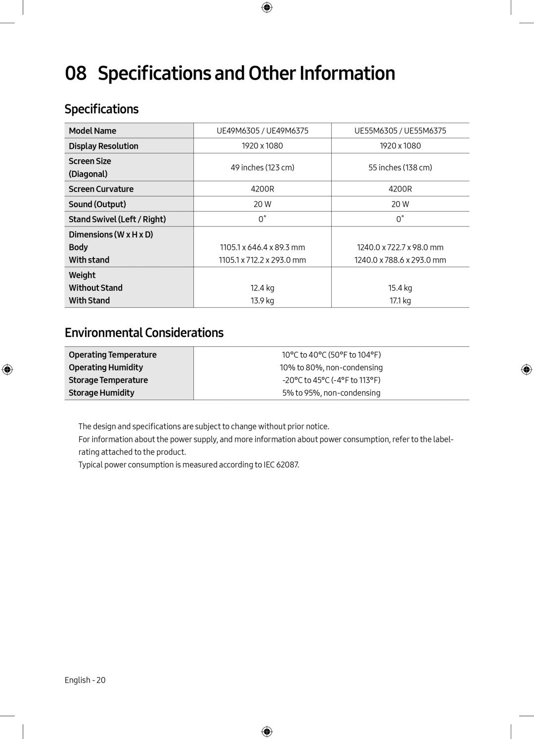 Samsung UE55M6305AKXXC, UE49M6305AKXXC manual Specifications and Other Information, Environmental Considerations 