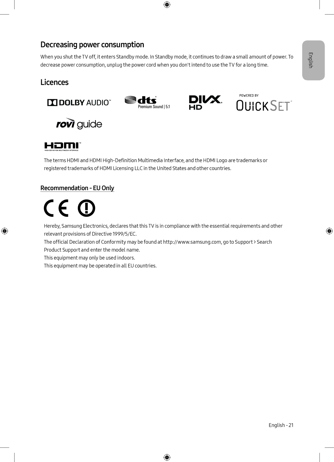 Samsung UE49M6305AKXXC, UE55M6305AKXXC manual Decreasing power consumption, Licences, Recommendation EU Only 