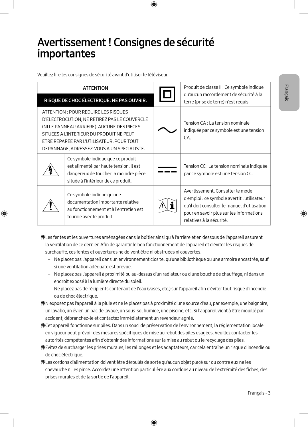 Samsung UE49M6305AKXXC manual Avertissement ! Consignes de sécurité importantes, Risque DE Choc ÉLECTRIQUE. NE PAS Ouvrir 