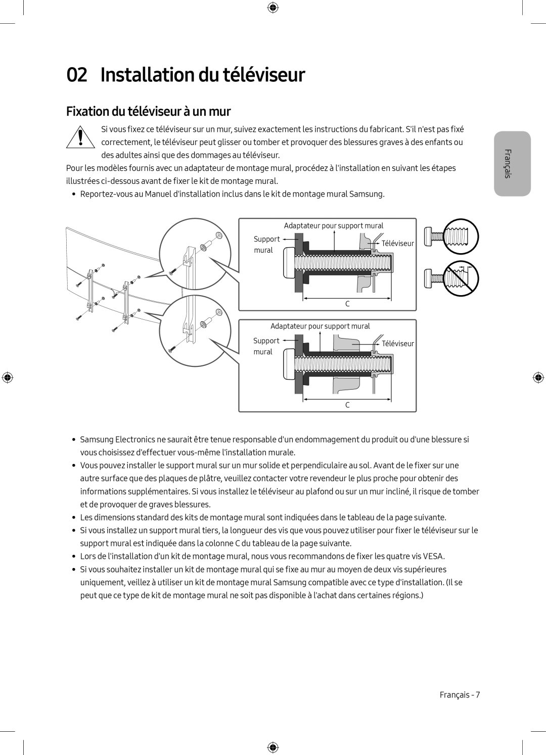 Samsung UE49M6305AKXXC, UE55M6305AKXXC manual Installation du téléviseur, Fixation du téléviseur à un mur 