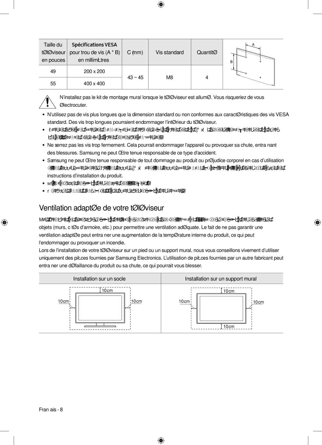 Samsung UE55M6305AKXXC manual Ventilation adaptée de votre téléviseur, Taille du, En millimètres, Installation sur un socle 