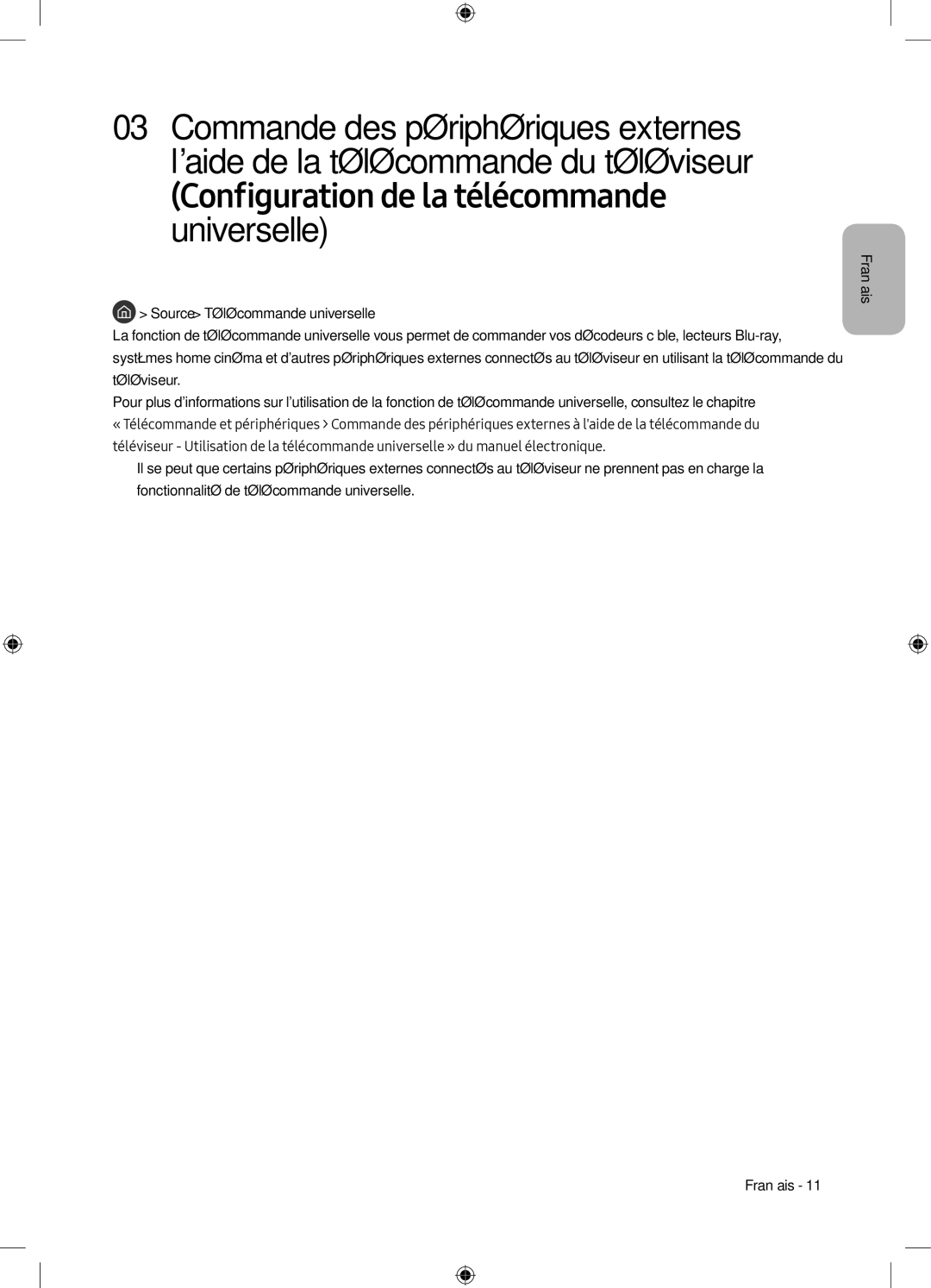 Samsung UE49M6305AKXXC, UE55M6305AKXXC manual Configuration de la télécommande universelle, Source Télécommande universelle 