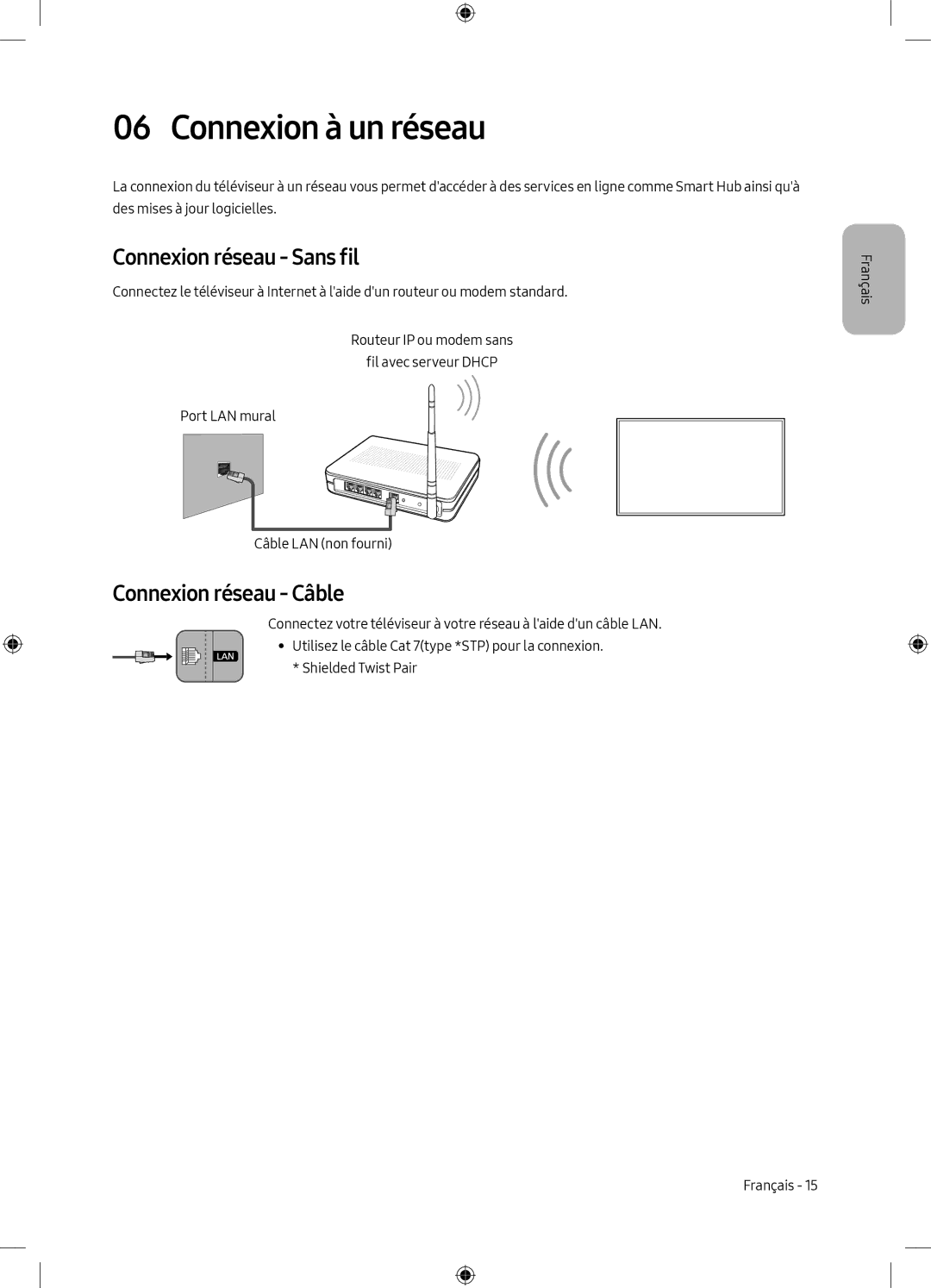 Samsung UE49M6305AKXXC, UE55M6305AKXXC manual Connexion à un réseau, Connexion réseau Sans fil, Connexion réseau Câble 