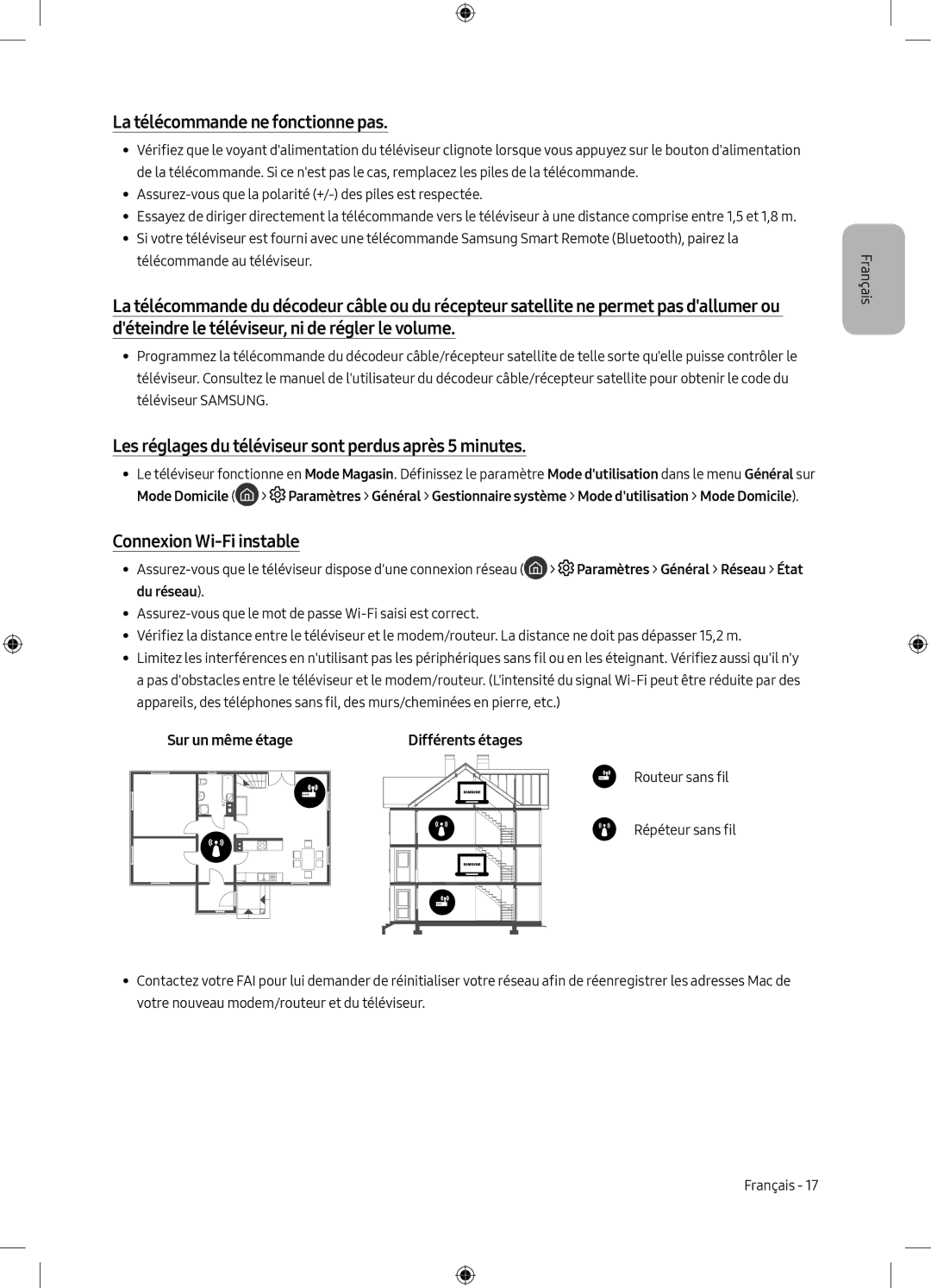 Samsung UE49M6305AKXXC manual La télécommande ne fonctionne pas, Les réglages du téléviseur sont perdus après 5 minutes 