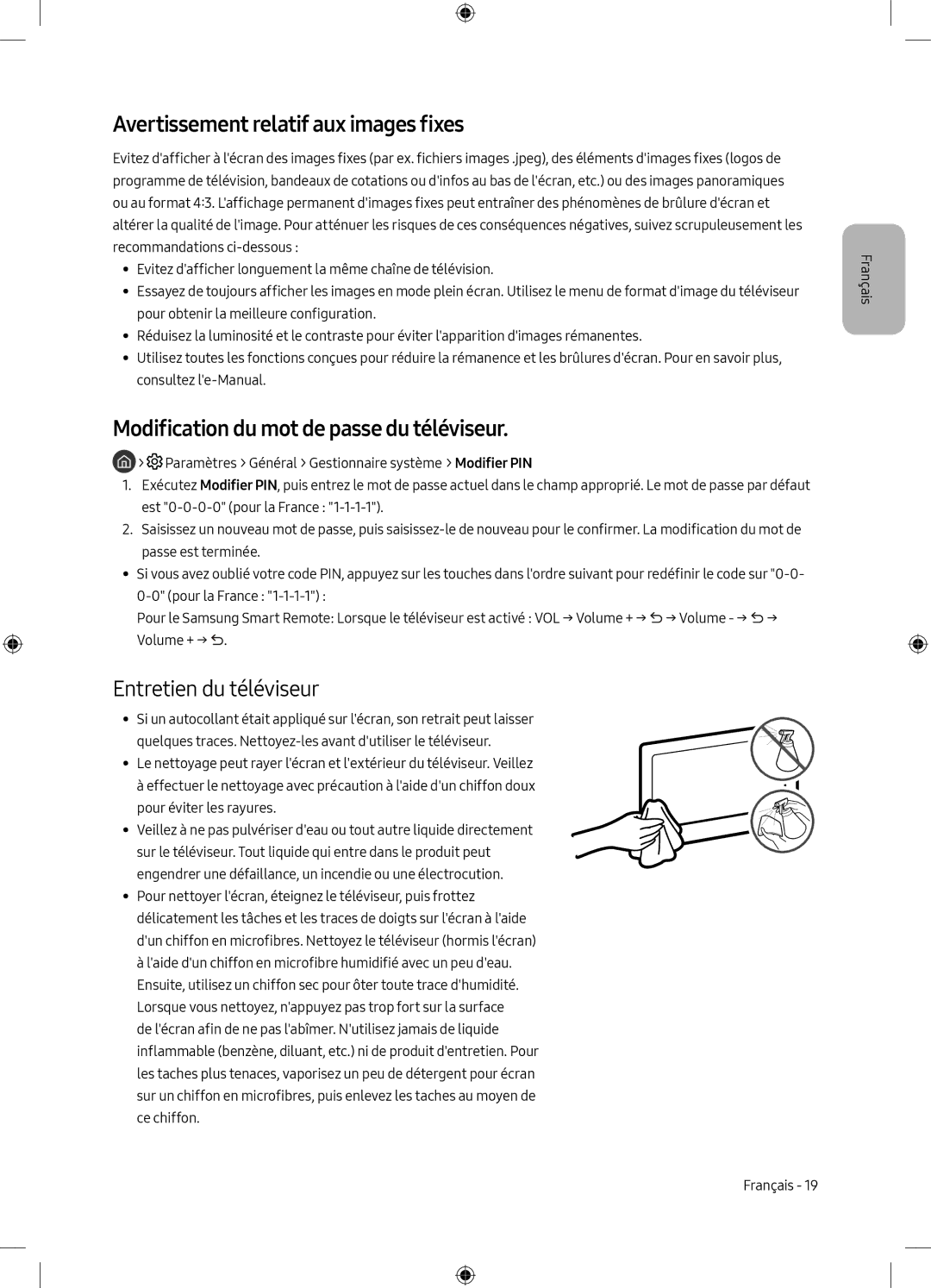 Samsung UE49M6305AKXXC, UE55M6305AKXXC Avertissement relatif aux images fixes, Modification du mot de passe du téléviseur 