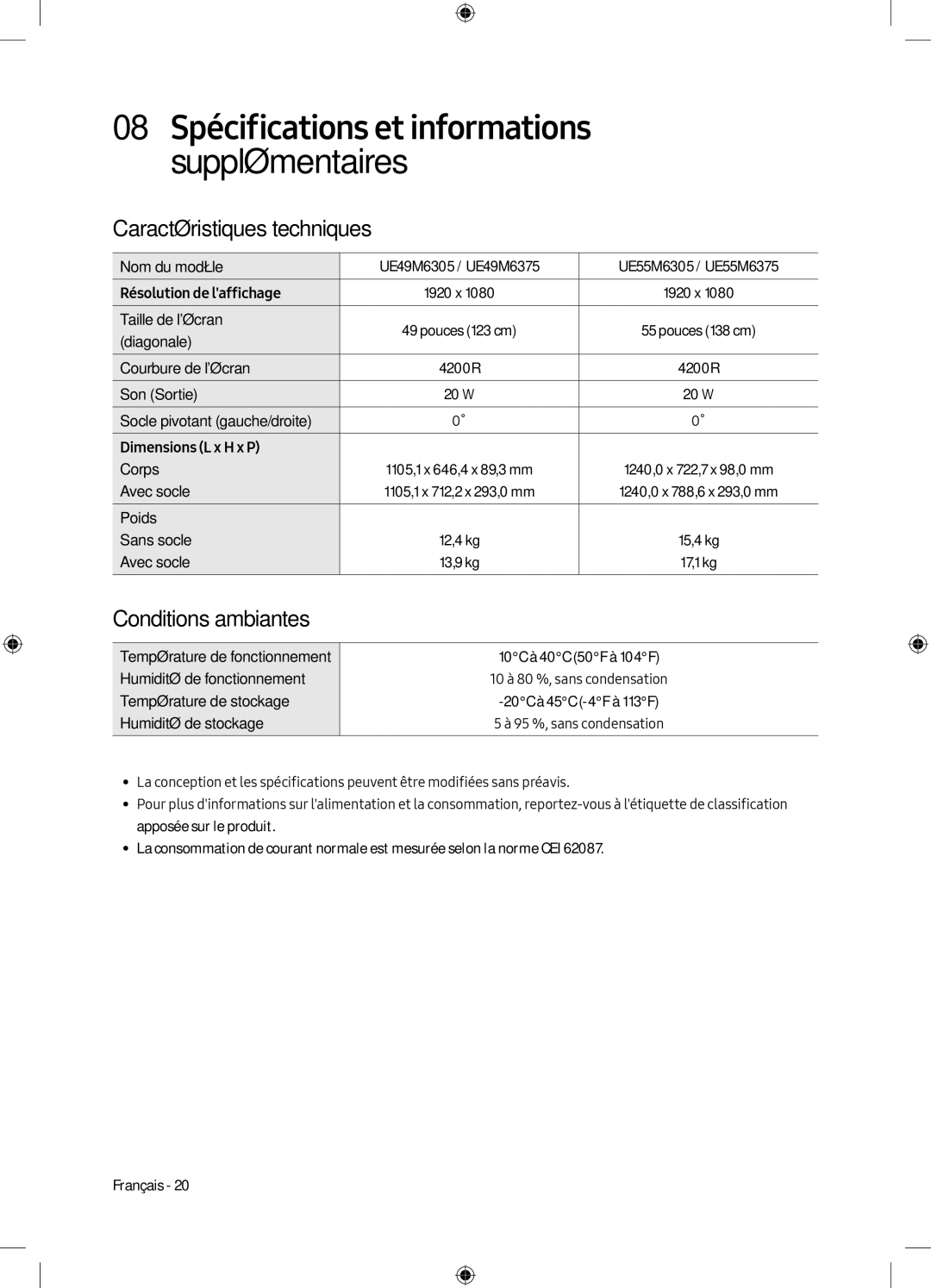 Samsung UE55M6305AKXXC, UE49M6305AKXXC manual Caractéristiques techniques, Conditions ambiantes 