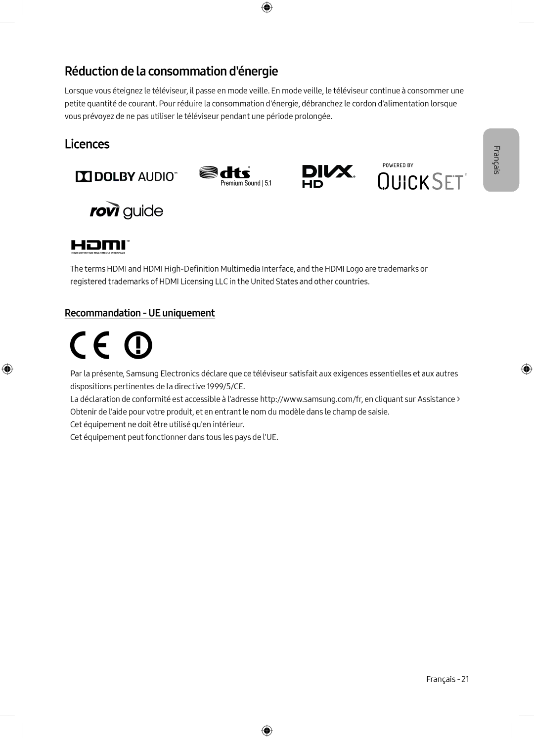 Samsung UE49M6305AKXXC, UE55M6305AKXXC manual Réduction de la consommation dénergie, Recommandation UE uniquement 