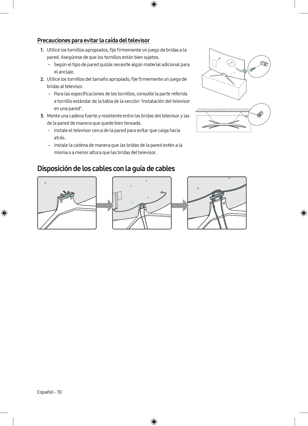 Samsung UE55M6305AKXXC Disposición de los cables con la guía de cables, Precauciones para evitar la caída del televisor 