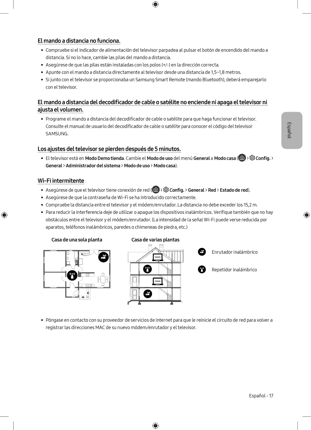 Samsung UE49M6305AKXXC manual El mando a distancia no funciona, Los ajustes del televisor se pierden después de 5 minutos 