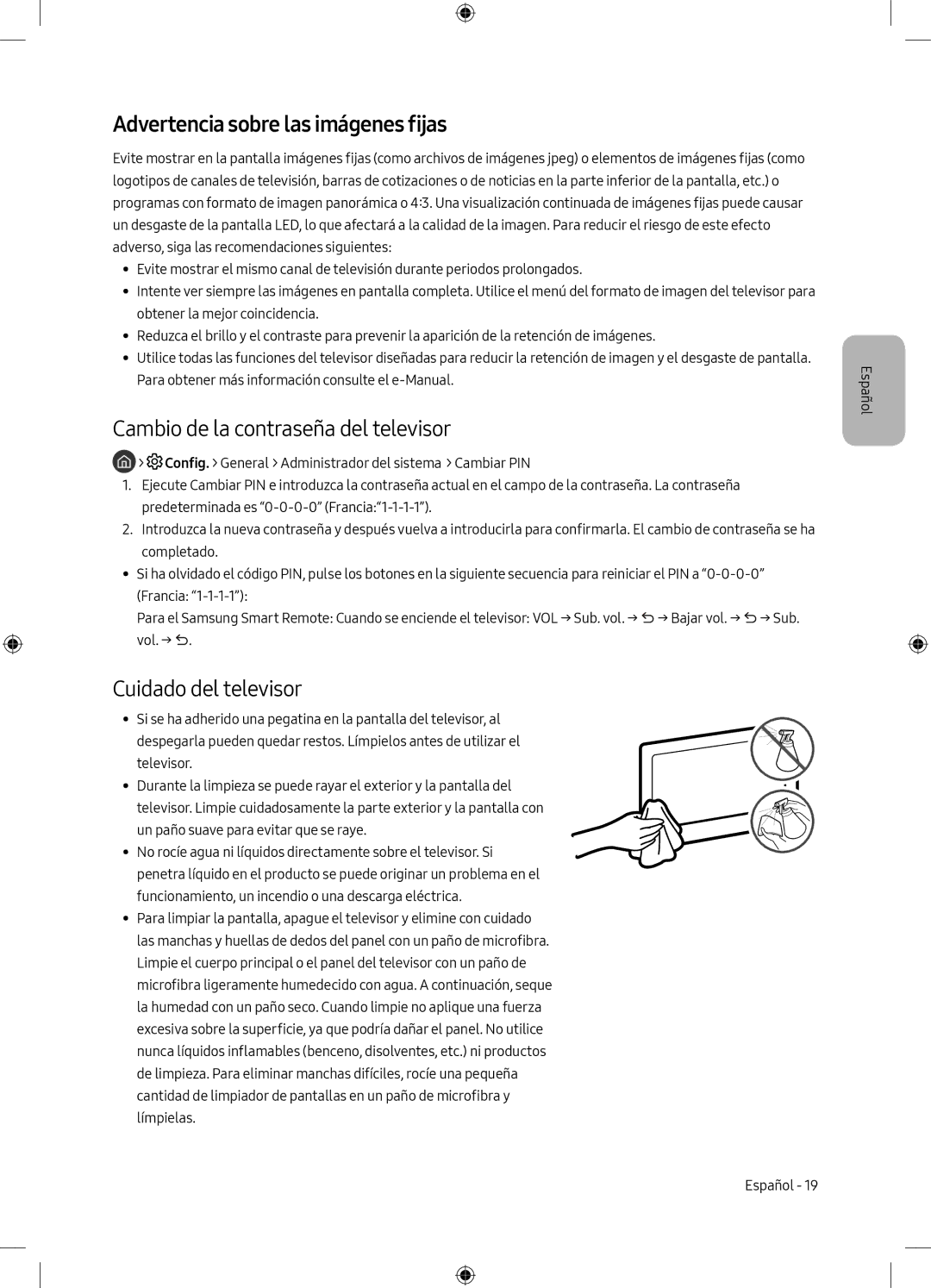 Samsung UE49M6305AKXXC Advertencia sobre las imágenes fijas, Cambio de la contraseña del televisor, Cuidado del televisor 