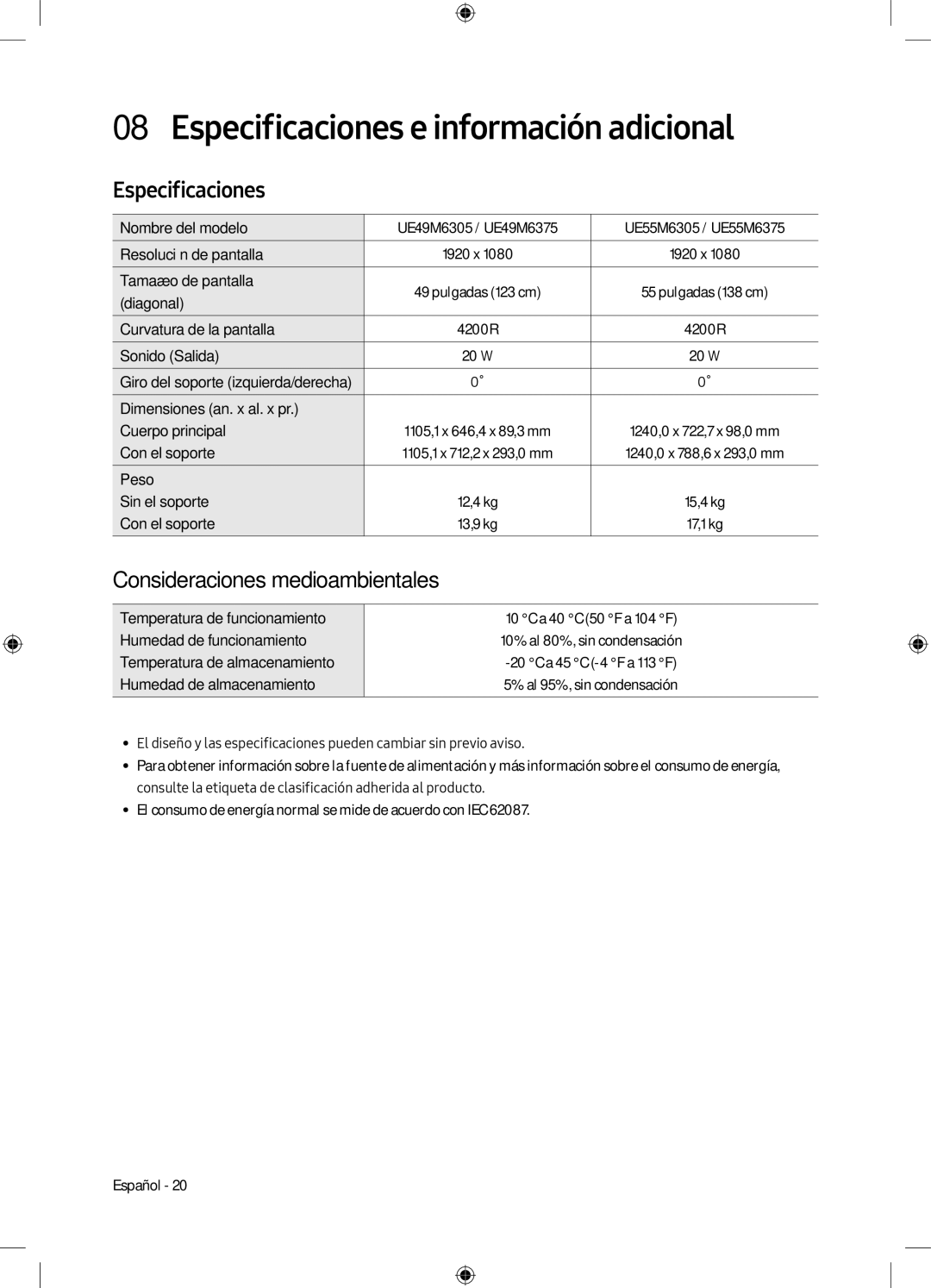 Samsung UE55M6305AKXXC, UE49M6305AKXXC manual Especificaciones e información adicional, Consideraciones medioambientales 