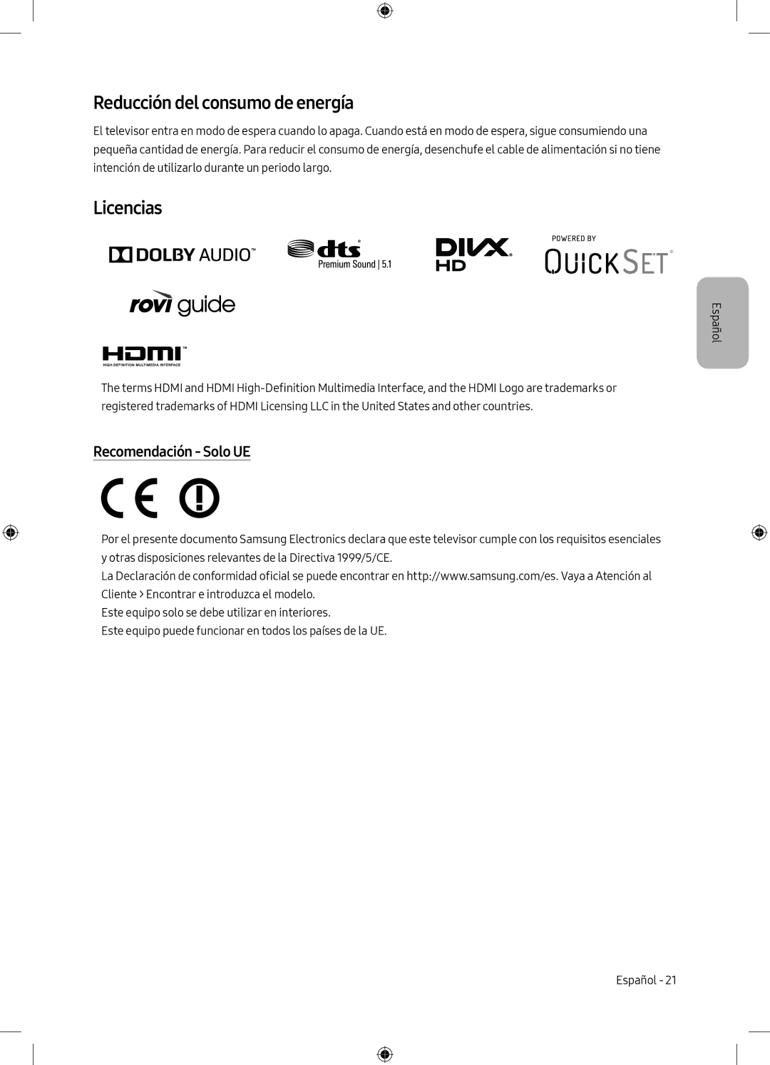 Samsung UE49M6305AKXXC, UE55M6305AKXXC manual Reducción del consumo de energía, Licencias, Recomendación Solo UE 