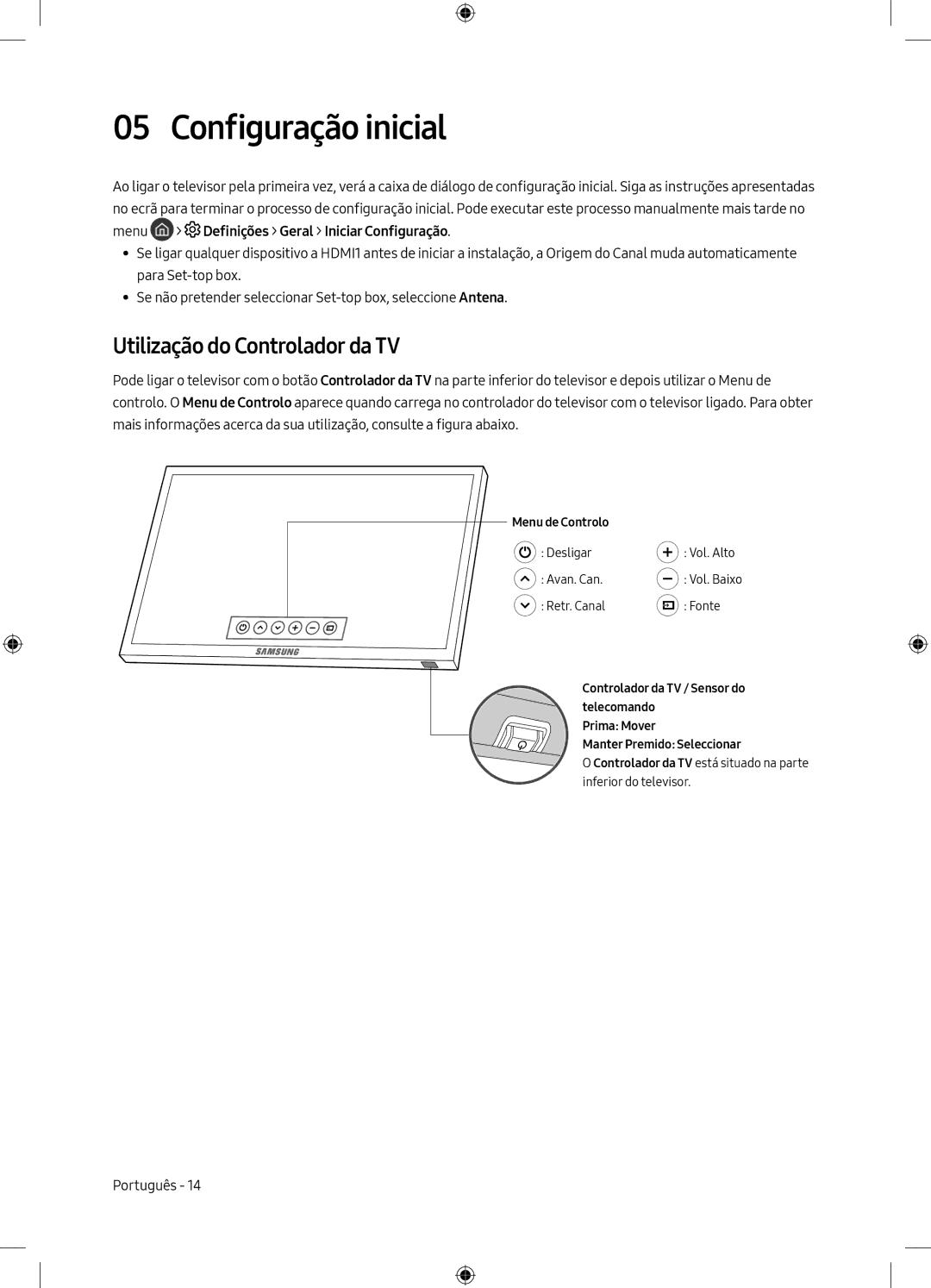 Samsung UE55M6305AKXXC, UE49M6305AKXXC manual Configuração inicial, Utilização do Controlador da TV 