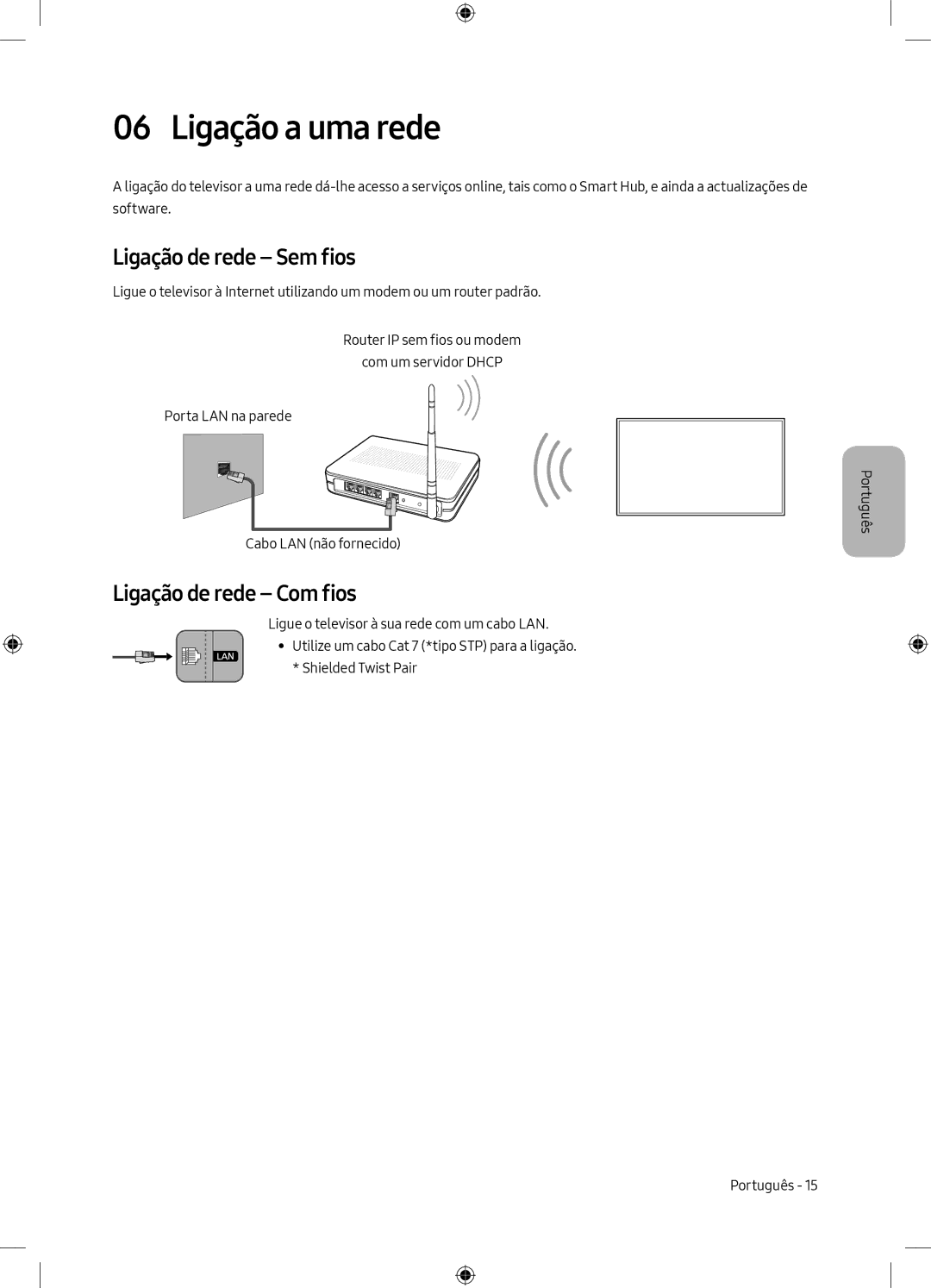 Samsung UE49M6305AKXXC, UE55M6305AKXXC manual Ligação a uma rede, Ligação de rede Sem fios, Ligação de rede Com fios 