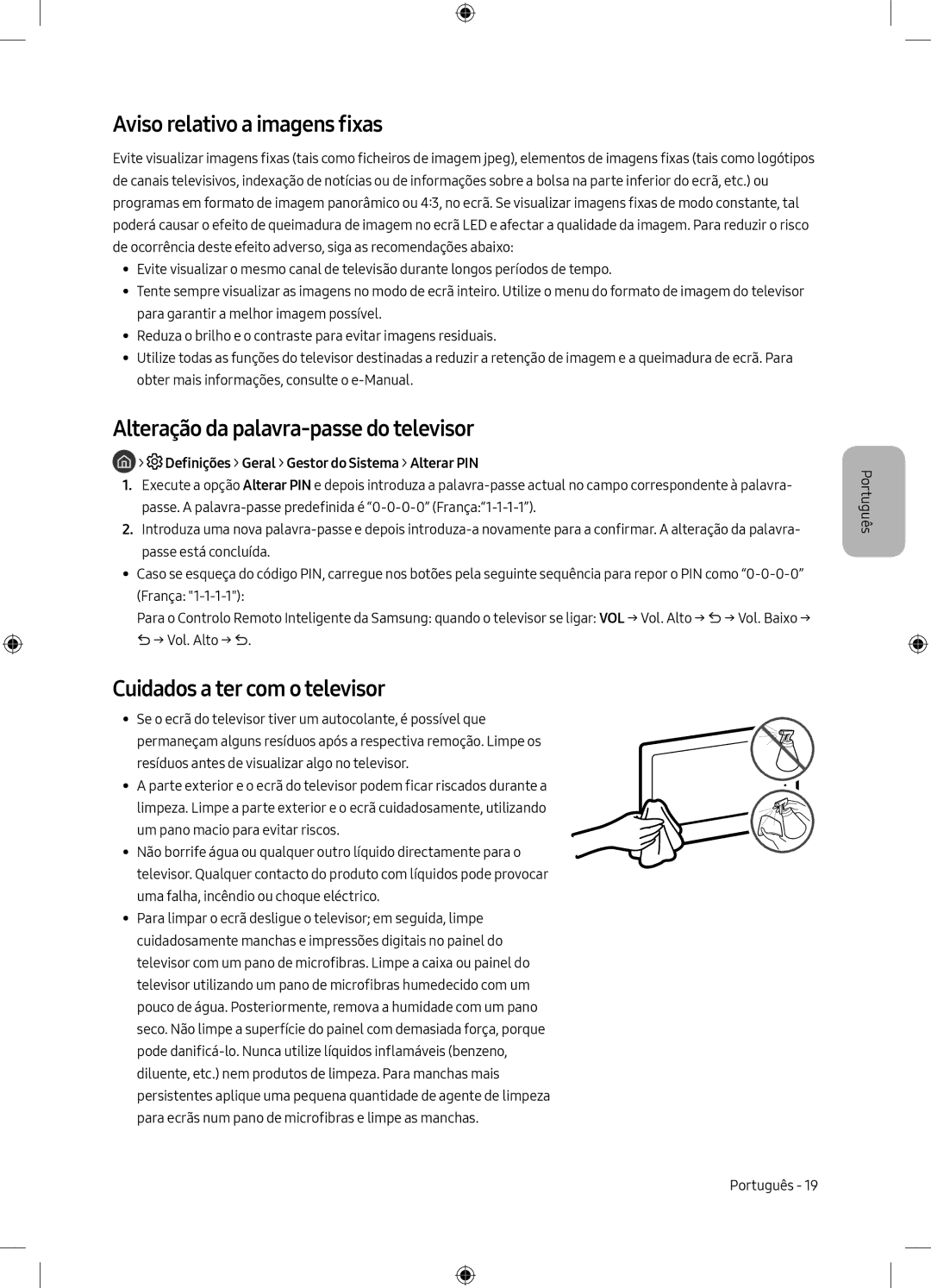 Samsung UE49M6305AKXXC, UE55M6305AKXXC manual Aviso relativo a imagens fixas, Alteração da palavra-passe do televisor 