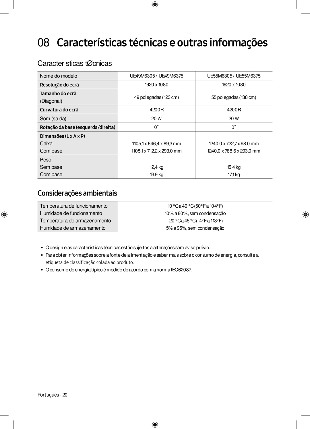 Samsung UE55M6305AKXXC, UE49M6305AKXXC manual Características técnicas, Considerações ambientais 