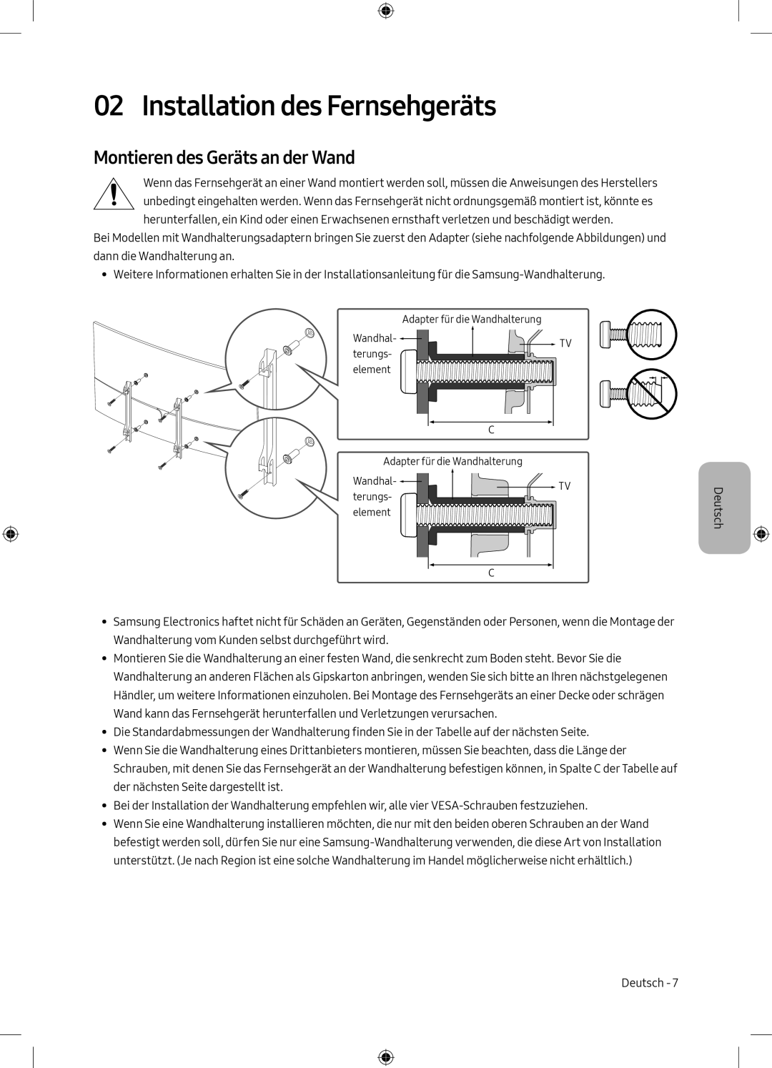 Samsung UE49M6305AKXXC, UE55M6305AKXXC manual Installation des Fernsehgeräts, Montieren des Geräts an der Wand 