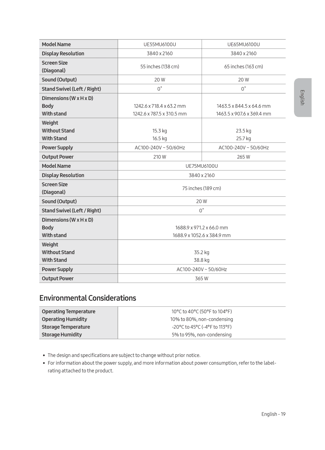 Samsung UE43MU6100UXRU, UE55MU6100UXRU, UE65MU6100UXRU, UE49MU6100UXRU, UE75MU6100UXRU manual Environmental Considerations 