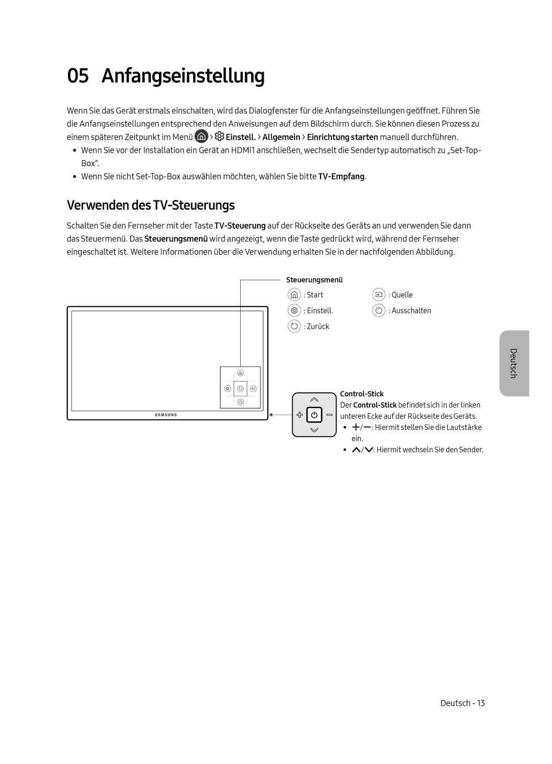 Samsung UE43MU6175UXXC, UE55MU6105KXXC manual Anfangseinstellung, Verwenden des TV-Steuerungs, Steuerungsmenü, Control-Stick 