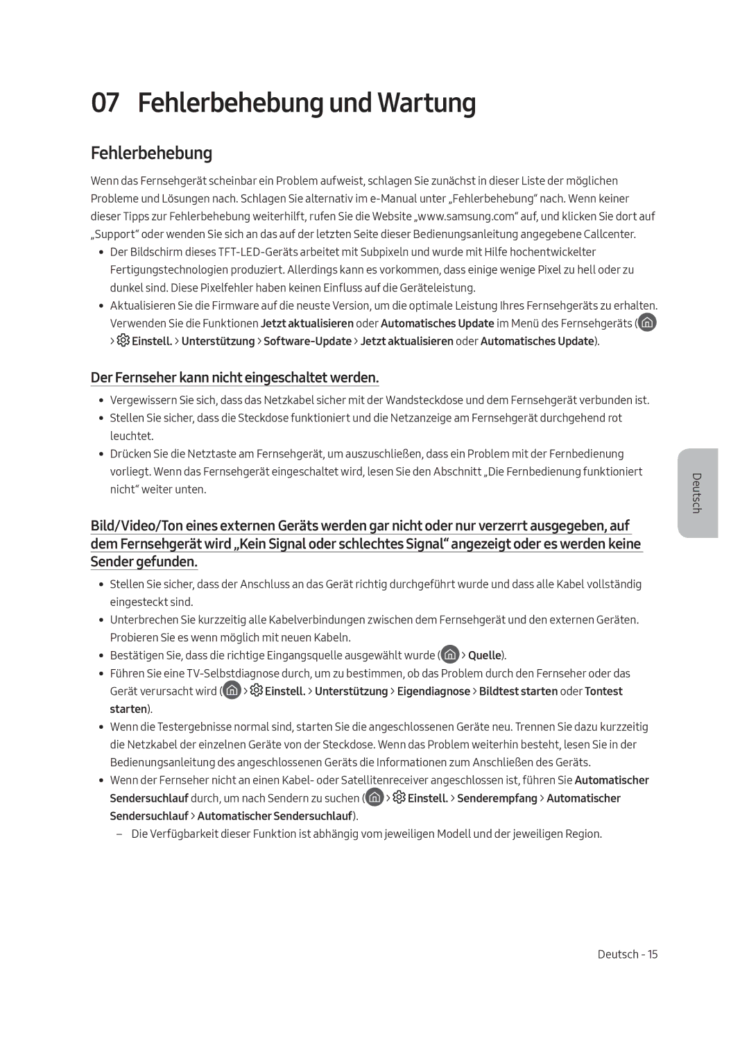 Samsung UE75MU6175UXXC, UE55MU6105KXXC manual Fehlerbehebung und Wartung, Der Fernseher kann nicht eingeschaltet werden 