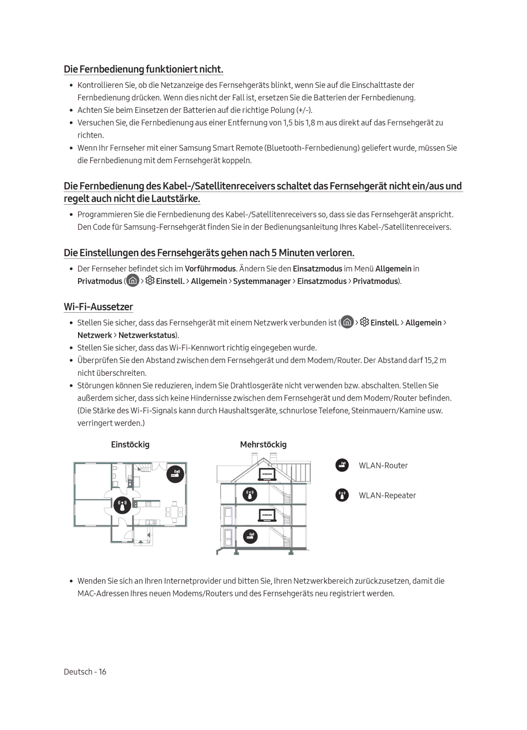 Samsung UE55MU6105KXXC, UE75MU6105KXXC manual Die Fernbedienung funktioniert nicht, Wi-Fi-Aussetzer, EinstöckigMehrstöckig 