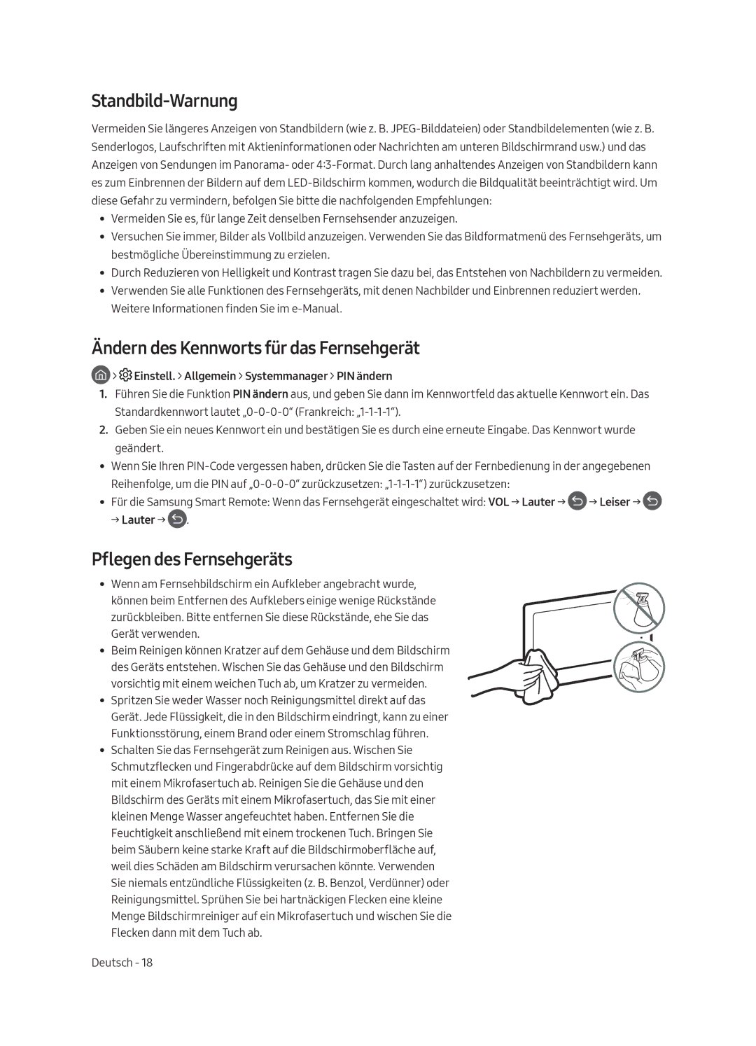 Samsung UE40MU6175UXXC Standbild-Warnung, Ändern des Kennworts für das Fernsehgerät, Pflegen des Fernsehgeräts, → Lauter → 