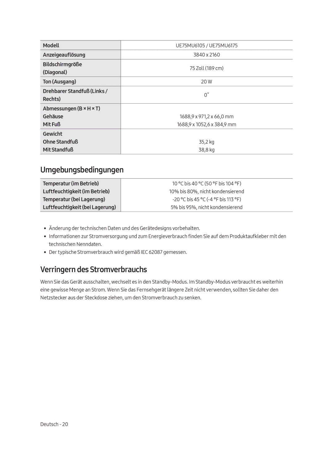 Samsung UE49MU6105KXXC, UE55MU6105KXXC, UE75MU6105KXXC, UE40MU6175UXXC Umgebungsbedingungen, Verringern des Stromverbrauchs 