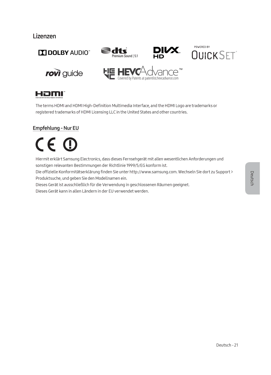 Samsung UE65MU6105KXXC, UE55MU6105KXXC, UE75MU6105KXXC, UE40MU6175UXXC, UE49MU6175UXXC manual Lizenzen, Empfehlung Nur EU 