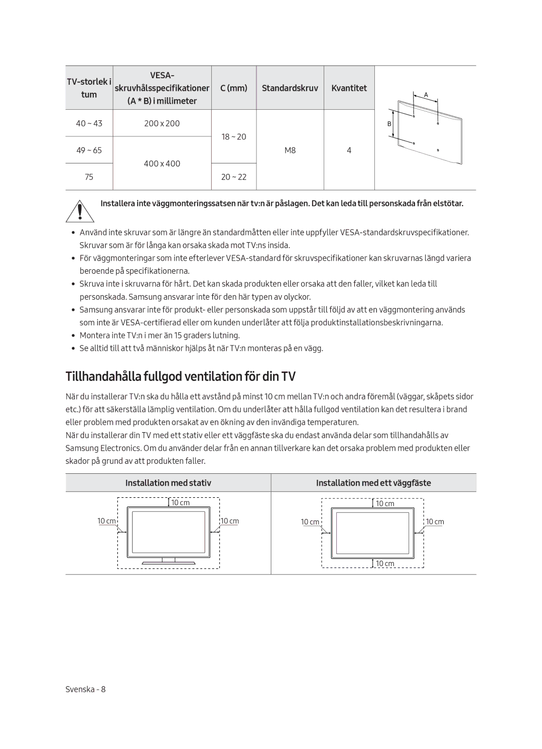 Samsung UE75MU6105KXXC, UE55MU6105KXXC, UE40MU6175UXXC manual Tillhandahålla fullgod ventilation för din TV, Kvantitet 