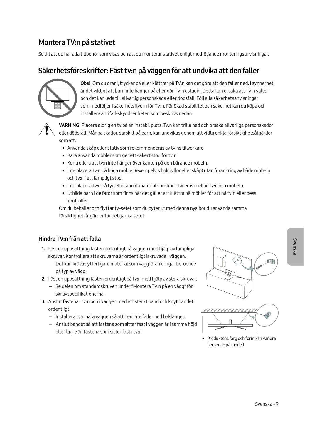 Samsung UE40MU6175UXXC, UE55MU6105KXXC, UE75MU6105KXXC, UE49MU6175UXXC Montera TVn på stativet, Hindra TVn från att falla 