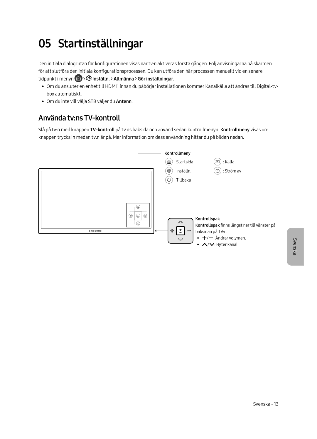 Samsung UE55MU6175UXXC, UE55MU6105KXXC manual Startinställningar, Använda tvns TV-kontroll, Kontrollmeny, Kontrollspak 