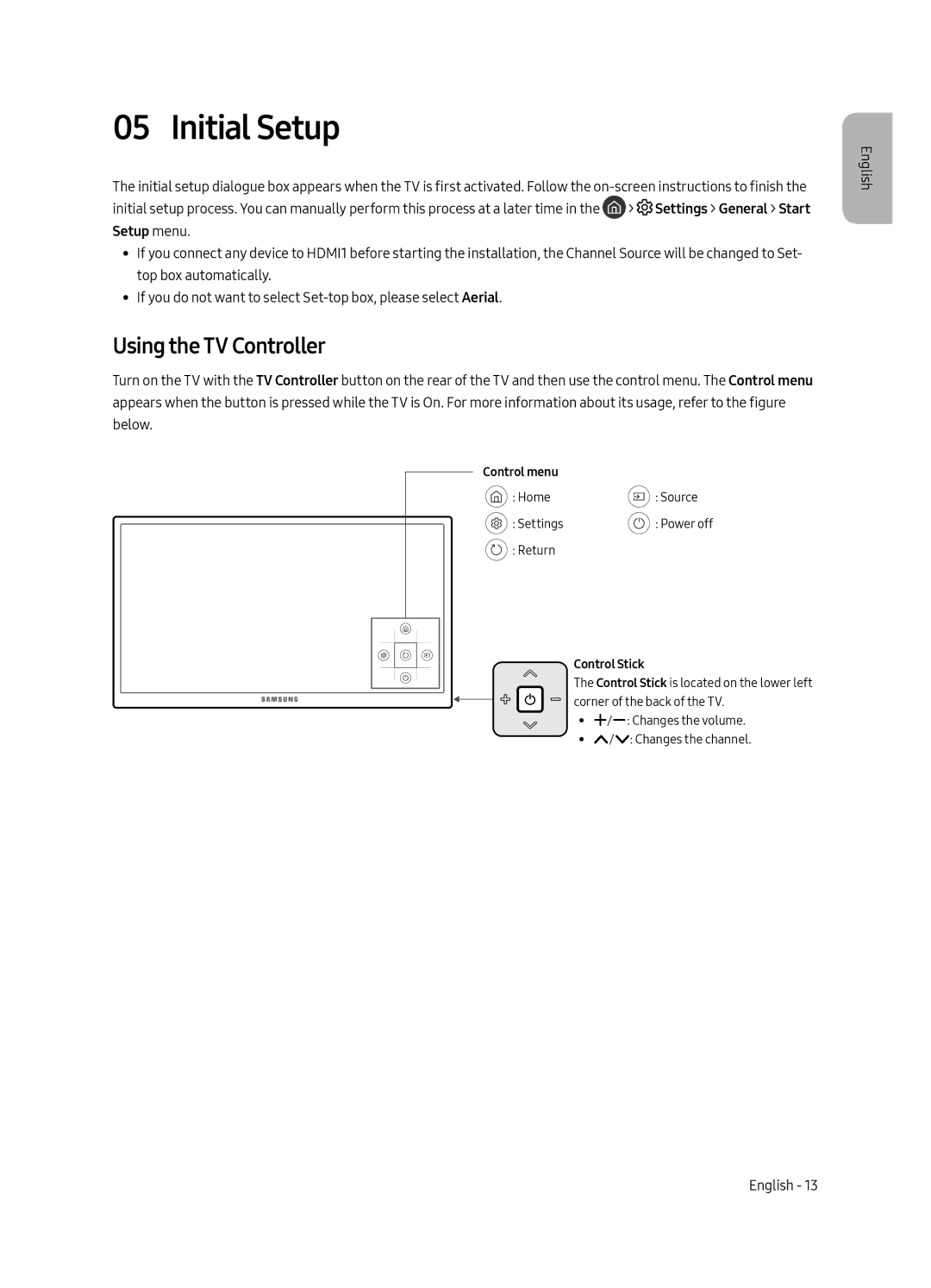 Samsung UE55MU6105KXXC, UE75MU6105KXXC, UE40MU6175UXXC Initial Setup, Using the TV Controller, Control menu, Control Stick 