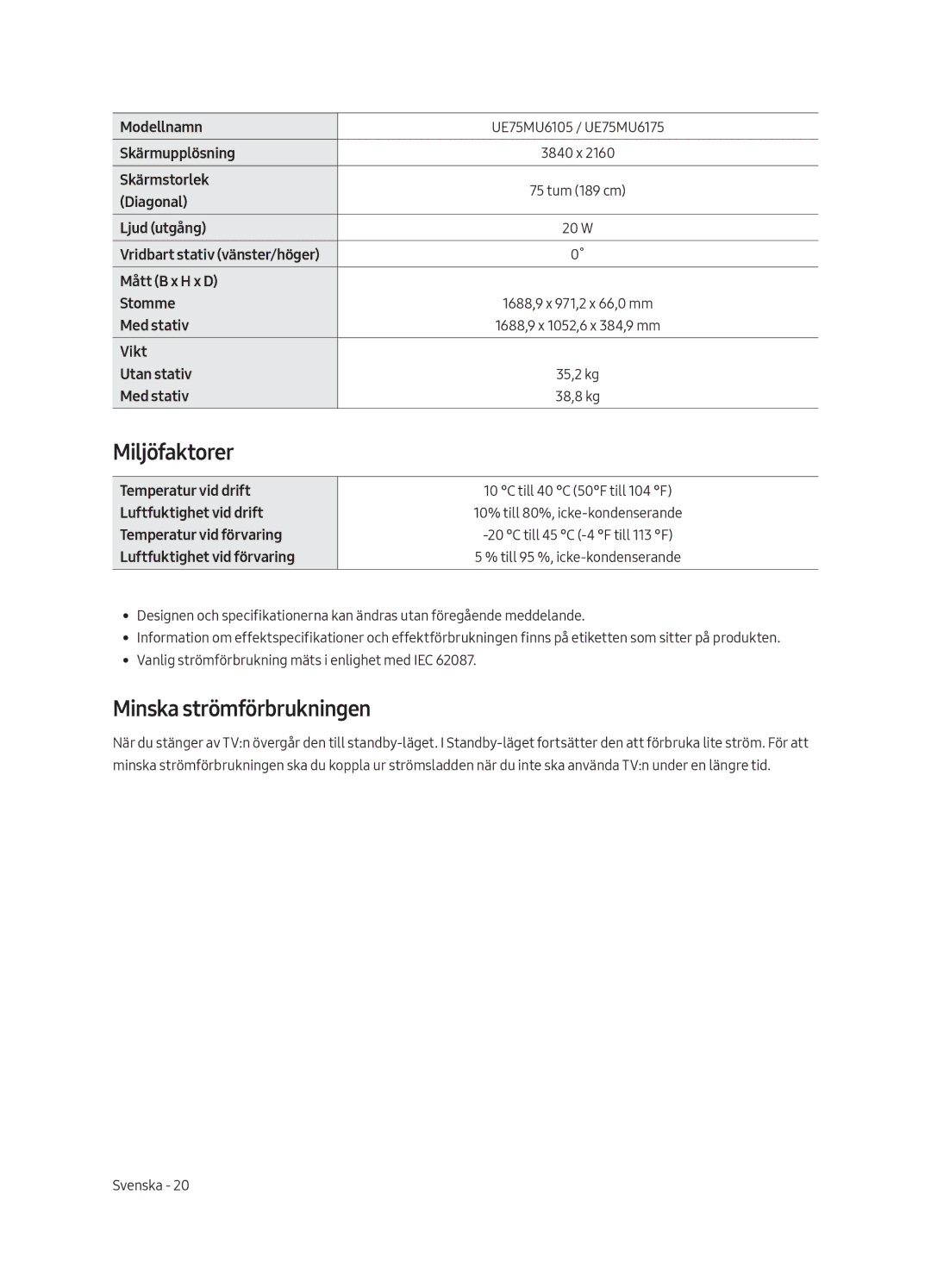 Samsung UE55MU6105KXXC, UE75MU6105KXXC, UE40MU6175UXXC, UE49MU6175UXXC manual Miljöfaktorer, Minska strömförbrukningen 