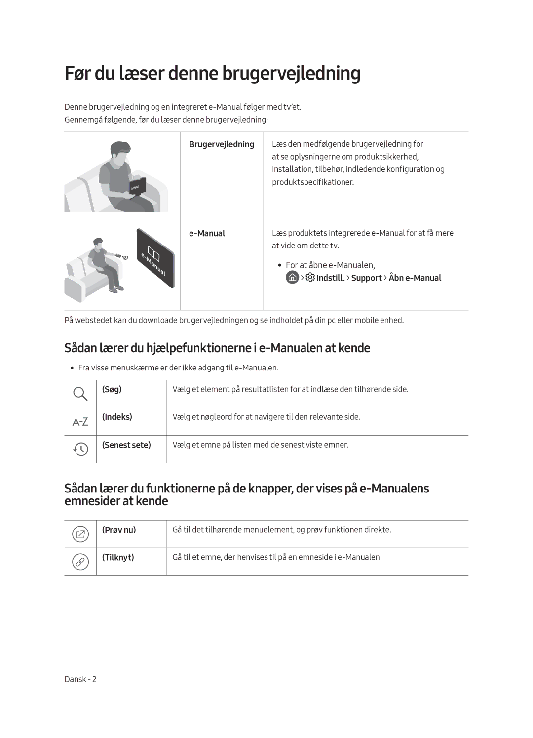 Samsung UE49MU6105KXXC manual Før du læser denne brugervejledning, Sådan lærer du hjælpefunktionerne i e-Manualen at kende 