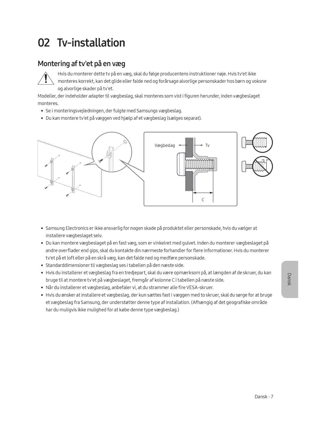 Samsung UE40MU6105KXXC, UE55MU6105KXXC, UE75MU6105KXXC, UE40MU6175UXXC manual Tv-installation, Montering af tvet på en væg 