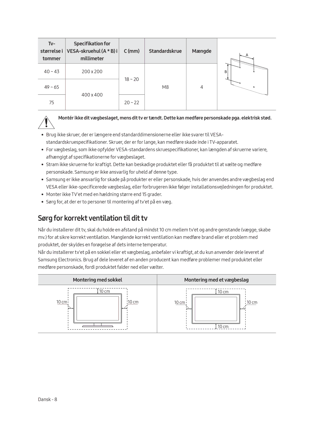 Samsung UE43MU6175UXXC, UE55MU6105KXXC manual Sørg for korrekt ventilation til dit tv, Specifikation for, 400 x 20 ~ 